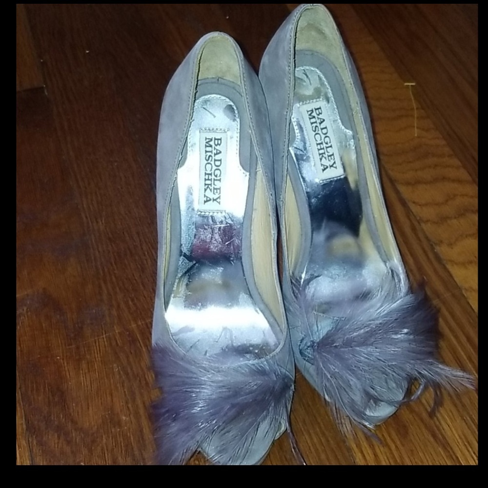 Badgley Mischka platform pumps with feather detail